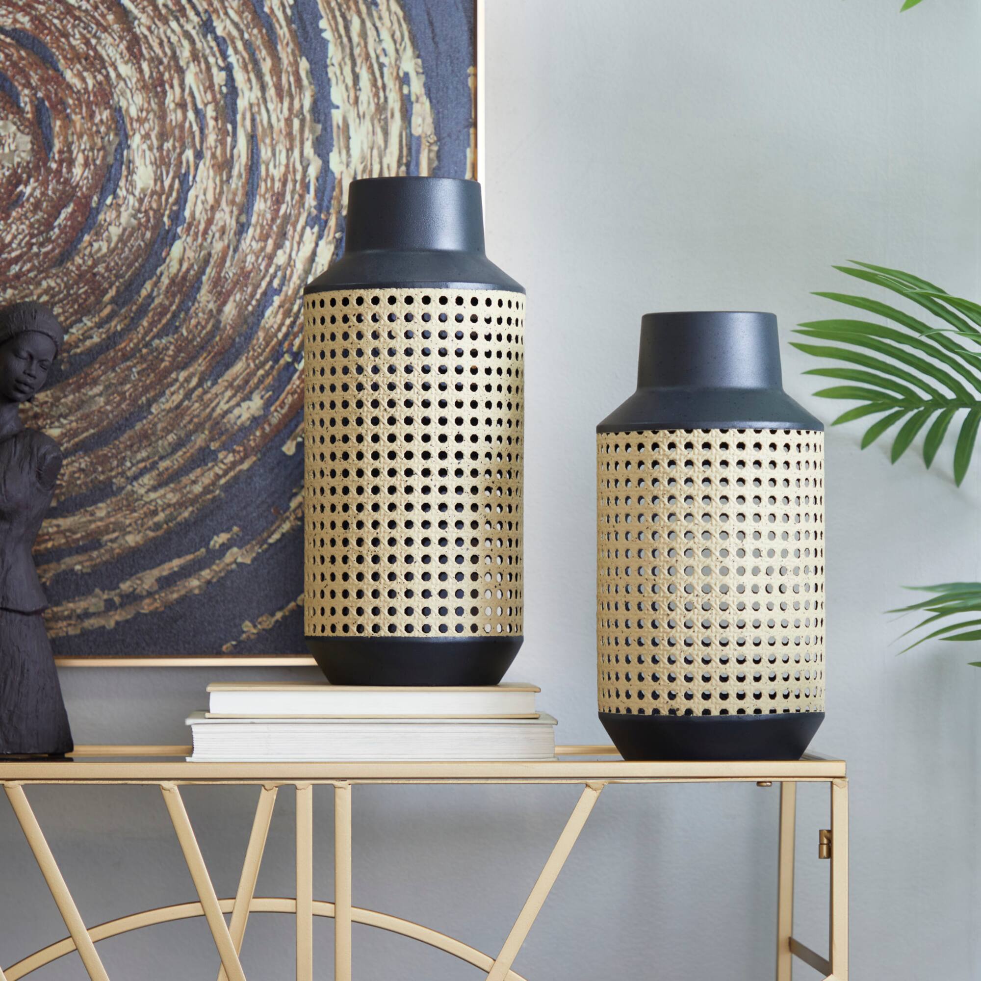 Brown Metal Open Weaved Inspired Vase Set of 2 14", 12"